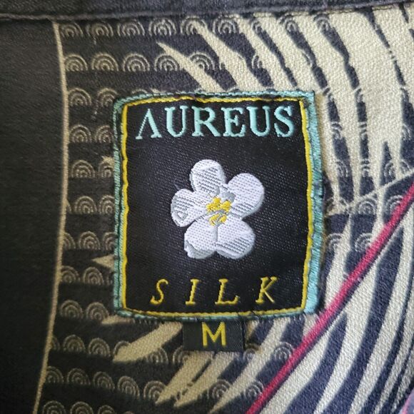 Aureus Mens Navy Blue Silk Hawaiian Shirt Golden Palm Fronds Sz M EUC DH2139 - Picture 8 of 10